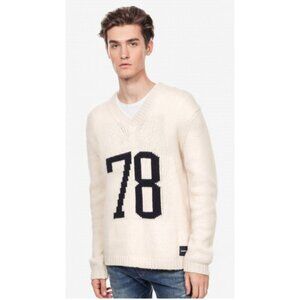 Calvin Klein Jeans Lambswool Blend Sweater L Cream V-Neck 78 Wool Knit Pullover